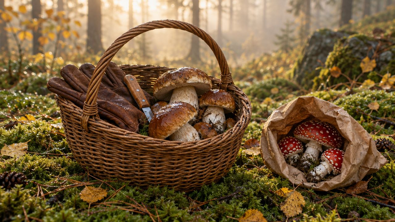 Корзина с боровиками, перчатки и нож, мухоморы отдельно в бумажном пакете
